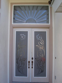 Door Glass Blasted with Sun Rising and Flowers